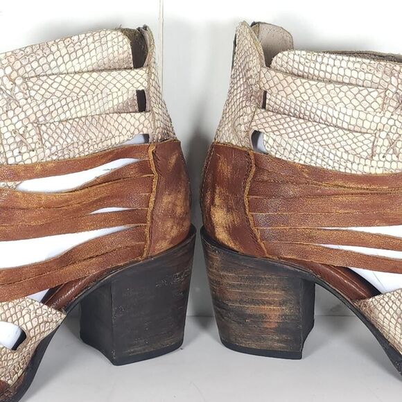 FREEBIRD BY STEVEN Women's Nest US8 Brown Leather Snakeskin Zip Strappy Sandals - Picture 15 of 16